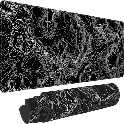 Black with White Topographic Line Large Mouse Pad,Gaming Keyboard Desk Pad,Extended Mouse Mat Non-Slip Rubber Base with Stitched Edges for Office Game Home XL 31.5"x11.8"