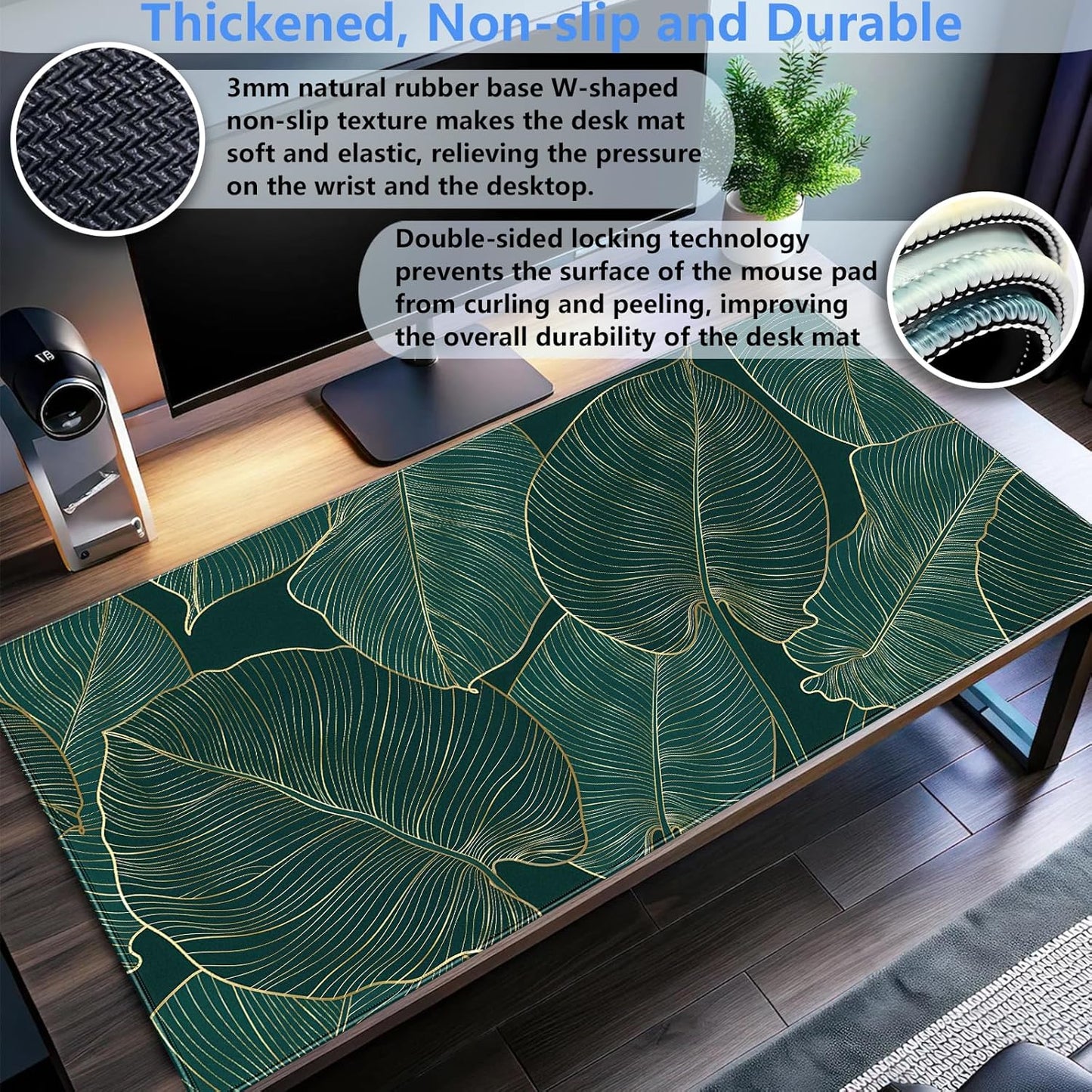 Green Desk Mat Monstera Palm Leaf Mouse Pad Large Gaming Mouse Pad XL Full Desk Mousepad Extended Keyboard Mat Big Long Mouse Mat Computer Laptop Desktop Mat Pad Desk Decor 31.5''X15.7''