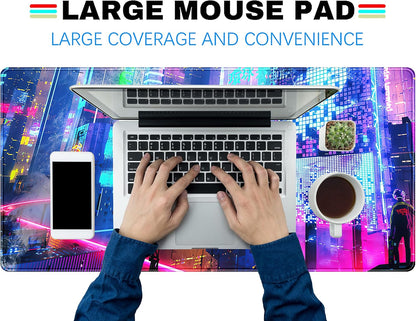 Japanese Street Desk Mat Futuristic Neon City Print Mouse Pad, Exclusive Desk Mats, XXL Large Gaming Mousepad 31.5"x15.75", Office Decor for Women Girls Keyboard Mat Laptop Computer Mat