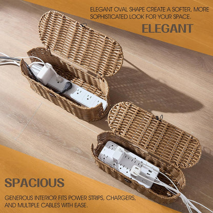 FairyHaus Cable Management Box 2Pack Brown, Handwoven Large and Small Cable Organizer Box Cover to Hide Cords and Power Strip, Imitation Wicker Cord Organizer Box Hider for Office Desk and Floor