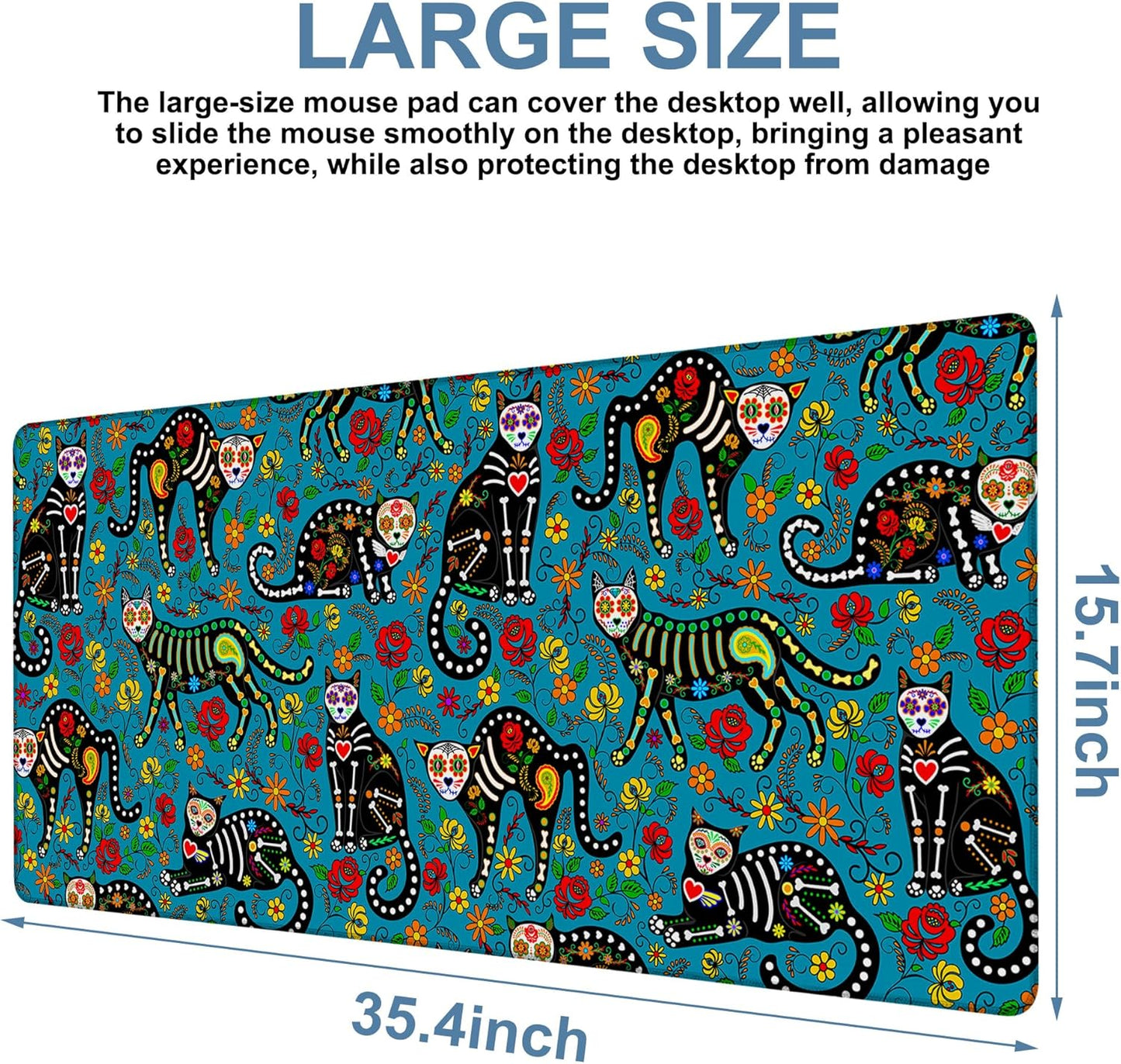 Sugar Skull Black Cats Gaming Mouse Pad 3mm Thick Stitched Edge Waterproof Non-Slip Large Computer Keyboard Mouse Mat,Suitable for Office Entertainment Decorative Desk Pad 35.4 x 15.7 Inches