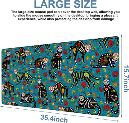 Sugar Skull Black Cats Gaming Mouse Pad 3mm Thick Stitched Edge Waterproof Non-Slip Large Computer Keyboard Mouse Mat,Suitable for Office Entertainment Decorative Desk Pad 35.4 x 15.7 Inches