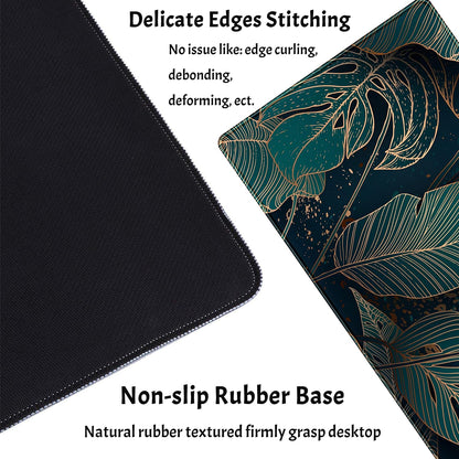 Desk Pad, Green Gold Palm Leaves Extended Gaming Mouse Pad Cute Large Desk Mat, Non-Slip Rubber Base Mousepad with Stitched Edges, Keyboard Mouse Mat Desk Pad for Game Office Home 31.5x15.75 in