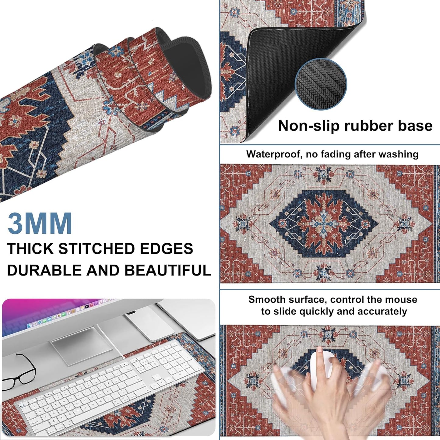 Vintage Style Rug Gaming Mouse Pad 3mm Thick Stitched Edge Waterproof Non-Slip Large Computer Keyboard Mouse Mat,Suitable for Office Entertainment Decorative Desk Pad 35.4 x 15.7 Inches