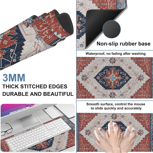 Vintage Style Rug Gaming Mouse Pad 3mm Thick Stitched Edge Waterproof Non-Slip Large Computer Keyboard Mouse Mat,Suitable for Office Entertainment Decorative Desk Pad 35.4 x 15.7 Inches