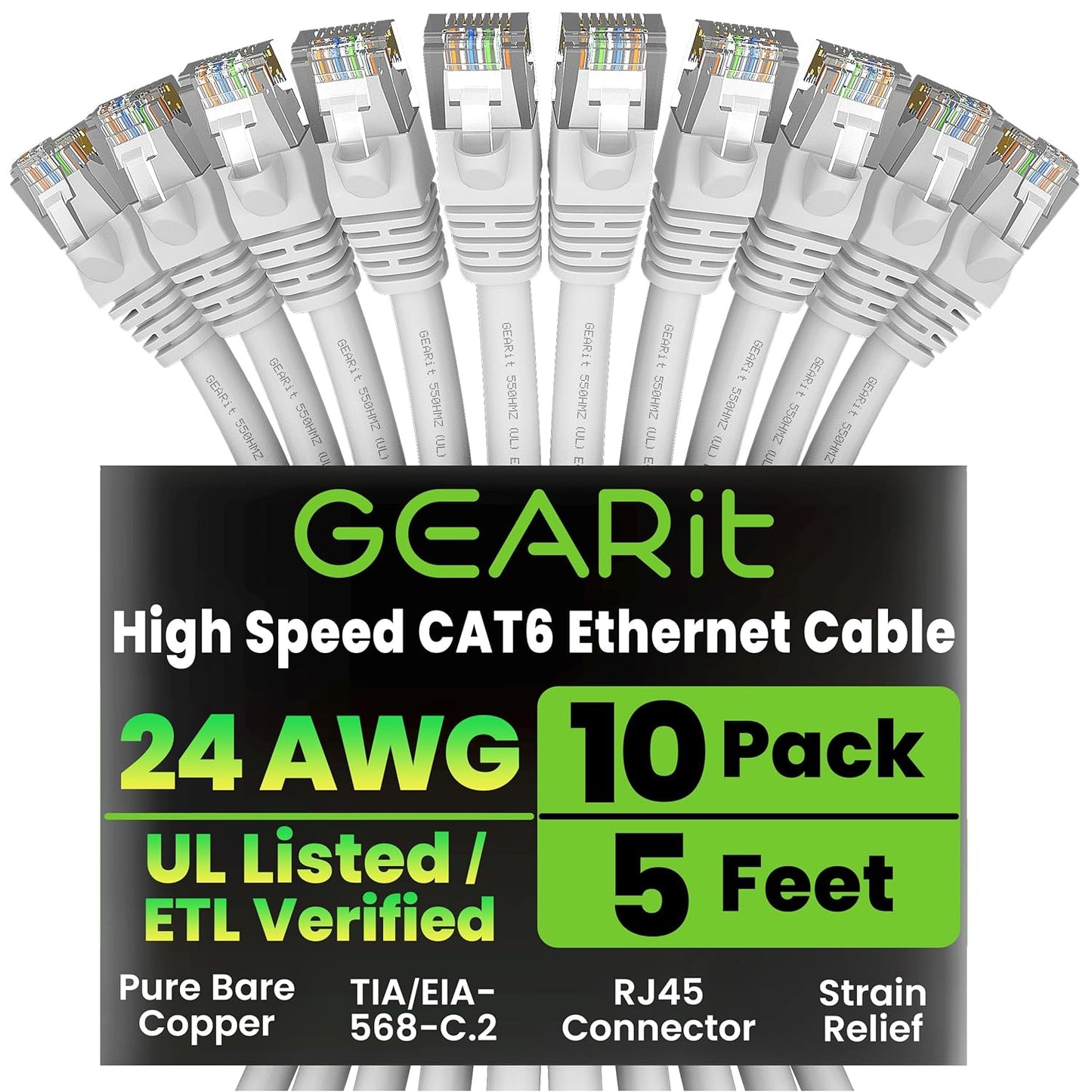 GEARit Cat 6 Ethernet Cable (10-Pack 5 Feet) Cat6 Network Patch, 10Gbps, RJ45, Snagless Cord, Gold-Plated Connectors, Internet for PC, TV, Tablet, Router, Printer, Servers, IT Data Center - White