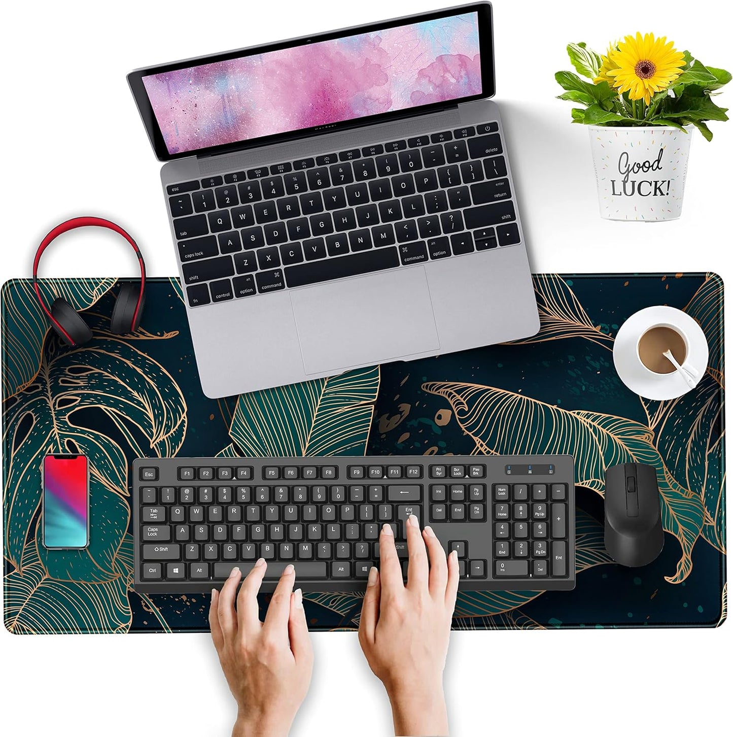 Desk Pad, Green Gold Palm Leaves Extended Gaming Mouse Pad Cute Large Desk Mat, Non-Slip Rubber Base Mousepad with Stitched Edges, Keyboard Mouse Mat Desk Pad for Game Office Home 31.5x15.75 in