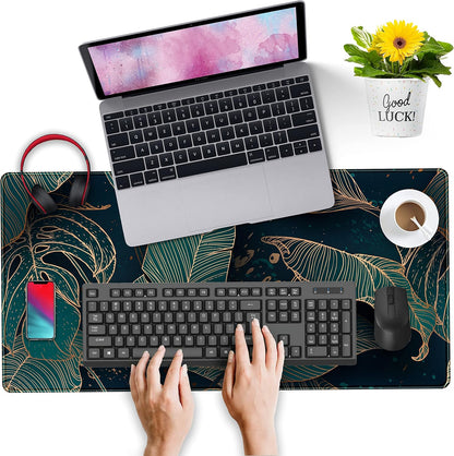 Desk Pad, Green Gold Palm Leaves Extended Gaming Mouse Pad Cute Large Desk Mat, Non-Slip Rubber Base Mousepad with Stitched Edges, Keyboard Mouse Mat Desk Pad for Game Office Home 31.5x15.75 in