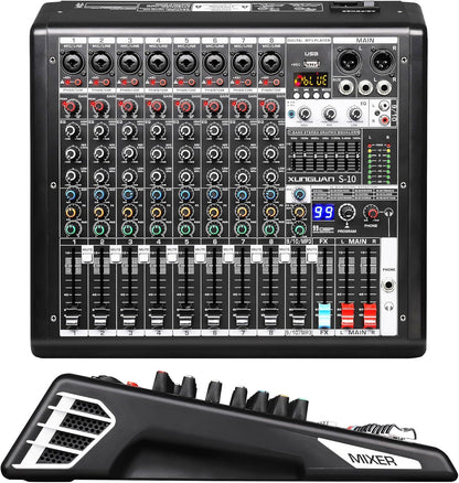 S-10 Audio Mixer 10 channel 8 channel Professional DJ Mixing Console with Reverb MP3 Player Bluetooth 48V Phantom Power Supply USB Recording for Studio Karaoke Live Music