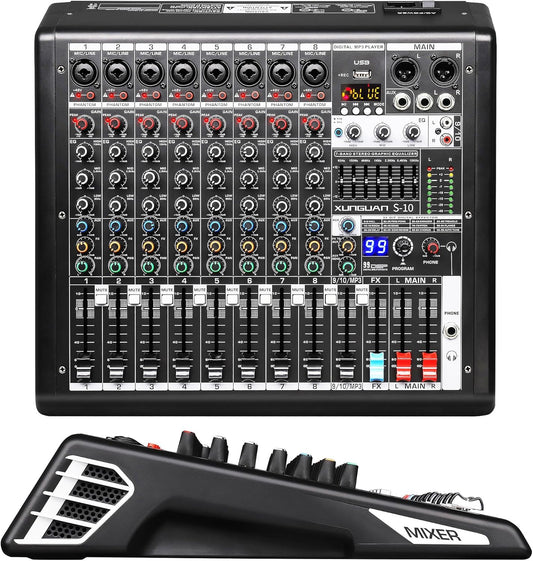 S-10 Audio Mixer 10 channel 8 channel Professional DJ Mixing Console with Reverb MP3 Player Bluetooth 48V Phantom Power Supply USB Recording for Studio Karaoke Live Music