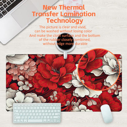 Desk Pad, Red and White Flowers Desk Mat, Retro Red Floral Large Gaming Mouse Pad, 31.5"x15.7" Extended Big Computer Keyboard Mouse Pad with Non-Slip Base and Stitched Edge