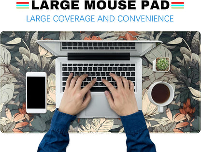 Vintage Floral Desk Mat XXL Large Gaming Mouse Pad Extended Desk Pad, Tropical Plants Laptop Keyboard Mouse Mat with Stitched Edges 31.5x15.75 in, Computer Mat Mousepad for desk Decor Office Gift