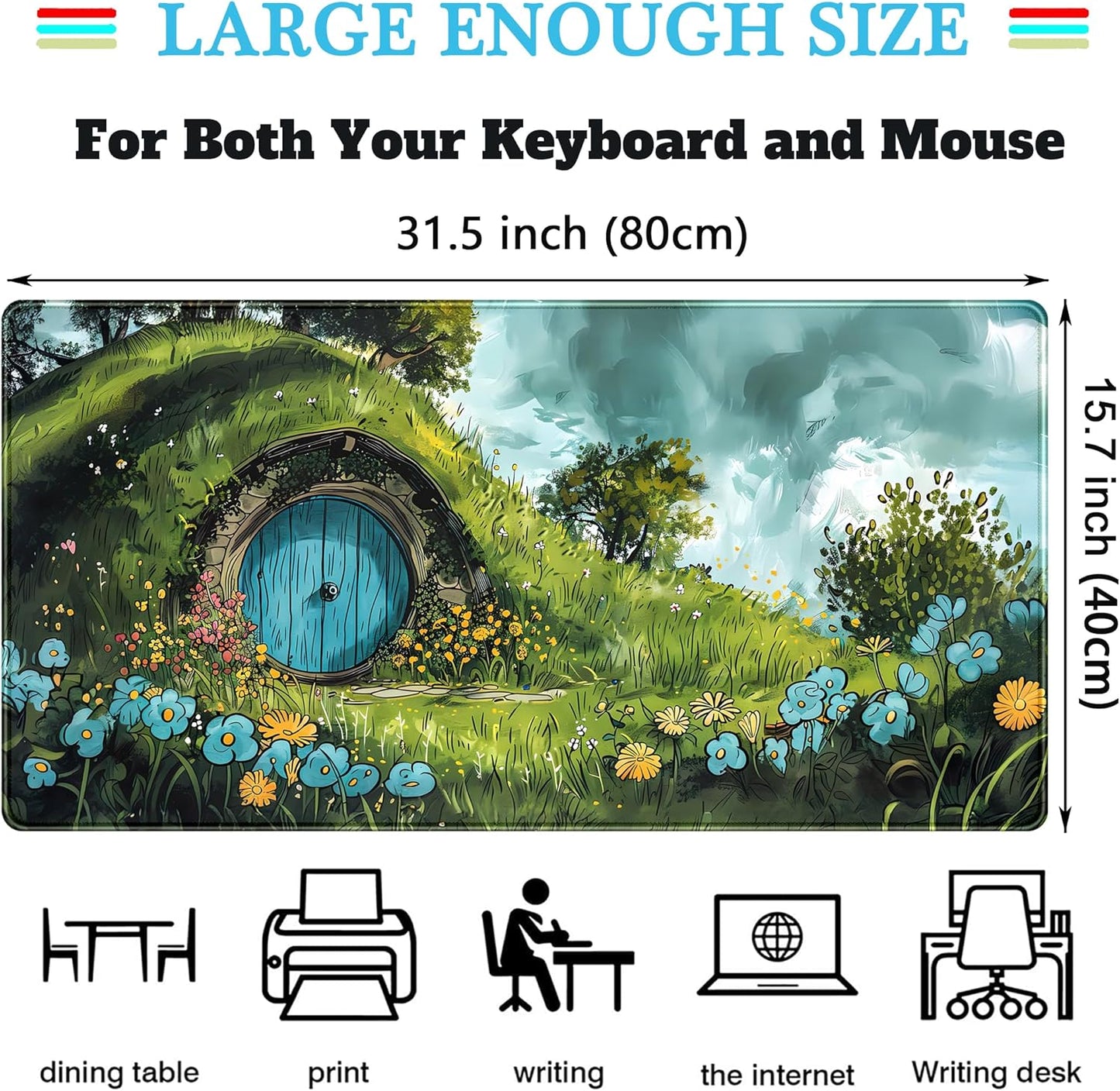 Cute Landscape Cartoons Desk Mat Aesthetic Gaming Mouse Pad XXL Large Extended Green Sage Desk Pad, Laptop Keyboard and Mouse Mat, Computer Desktop Mat Playmat, Women Desk Decor Pad 31.5x15.7 in
