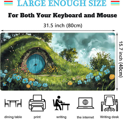 Cute Landscape Cartoons Desk Mat Aesthetic Gaming Mouse Pad XXL Large Extended Green Sage Desk Pad, Laptop Keyboard and Mouse Mat, Computer Desktop Mat Playmat, Women Desk Decor Pad 31.5x15.7 in