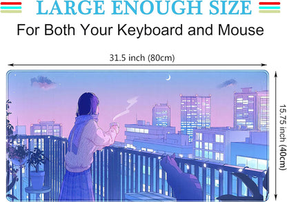 Purple Anime Kawaii Desk Mat Mousepad Cute Cat XXL Large Gaming Japanese Girly Aesthetic Mouse Pad Tokyo Street Desk Mat 31.5x15.75 in, Girl Gamer Desktop Mat Computer Laptop Keyboard Mouse Mat
