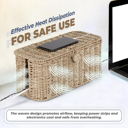 2-Pack Large Cable Management Box, Natural Rattan Cable Cord Organizer Boxes for Power Strip – 2 Open Slots Cords Hider Box for TV Wires, Computer, Router, USB Hub and Under Desk Power Strip
