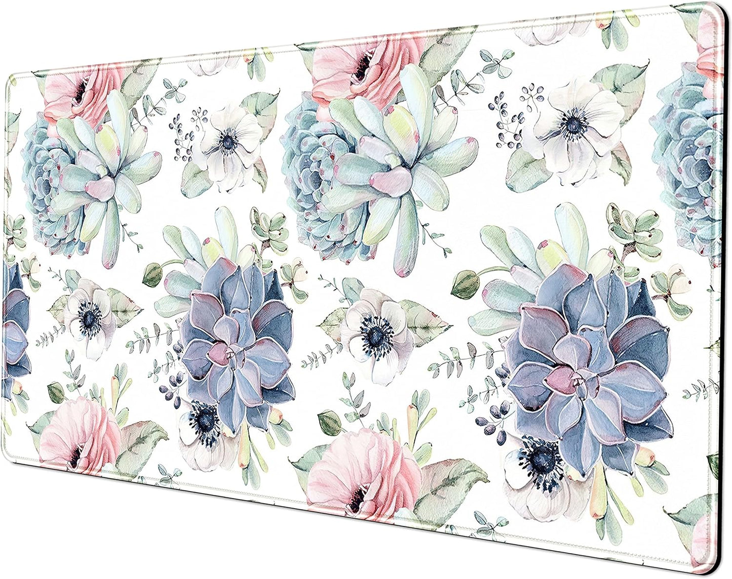 Watercolor Succulents Desk Mat, Plants Succulent Roses Desk Pad Protector, Large Gaming Mouse Pad, Stable Rubber Base Mousepad with Stitched Edges, Keyboard Mouse Mat for Work, Game, Office, Home