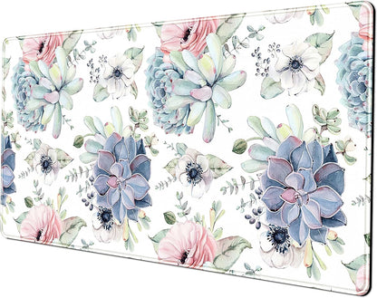 Watercolor Succulents Desk Mat, Plants Succulent Roses Desk Pad Protector, Large Gaming Mouse Pad, Stable Rubber Base Mousepad with Stitched Edges, Keyboard Mouse Mat for Work, Game, Office, Home