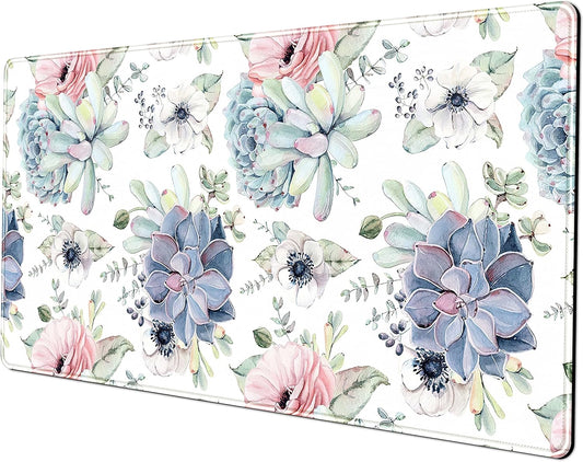 Watercolor Succulents Desk Mat, Plants Succulent Roses Desk Pad Protector, Large Gaming Mouse Pad, Stable Rubber Base Mousepad with Stitched Edges, Keyboard Mouse Mat for Work, Game, Office, Home