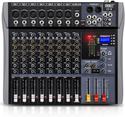 Pro DJ Mixer 8-Channel Audio Console - Bluetooth/USB Streaming, 48V Phantom Power, 3-Band EQ for Live Stage, Recording Studio & Karaoke Systems (CT-8)
