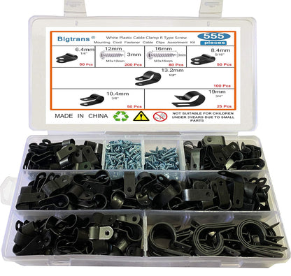 Bigtrans 555 Pcs Nylon Plastic R-Type Wire Clips with Screws 1/4" 5/16" 3/8" 1/2" 3/4" Clamps Fasteners Assortment for Cable Conduit -5 Size -Black