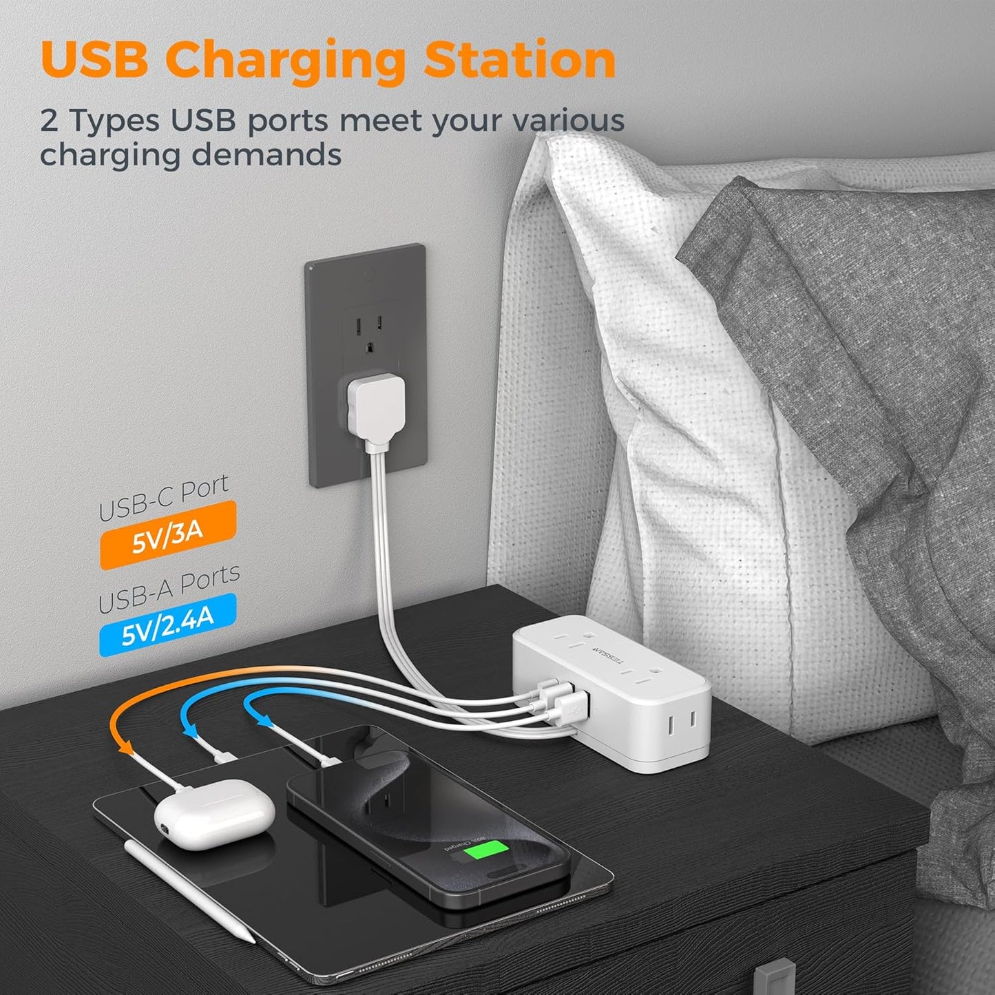 Small Extension Cord 6 inch, TESSAN Thin Flat Plug Power Strip with 4 AC Outlets 3 USB (1 USB C) Ports, Silm Charging Station Desk Organizers for Home Bedroom Hotel Office Desktop Accessories