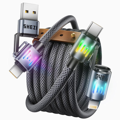 SHEZI 4-in-1 USB C Cable [240W Fast Charging & Data Transfer] Nylon iPhone Charger Cord with Light, Multi Charge Cables Combo with L/Type C/USB A Port for iPhone/iPad/Samsung, 5FT