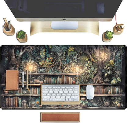 Forest Library Book Mouse Pad Desk Mat, Mystical Green Tree House XXL Extended Large Gaming Desk Pad Mousepad Computer Laptop Keyboard and Mouse Mat, Office Desk Decor Pad for Women 31.5x15.7 in