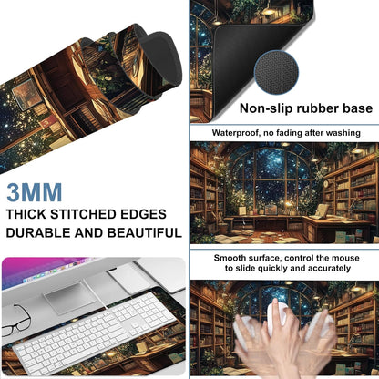 an Old Library Gaming Mouse Pad 3mm Thick Stitched Edge Waterproof Non-Slip Large Computer Keyboard Mouse Mat,Suitable for Office Entertainment Decorative Desk Pad 35.4 x 15.7 Inches