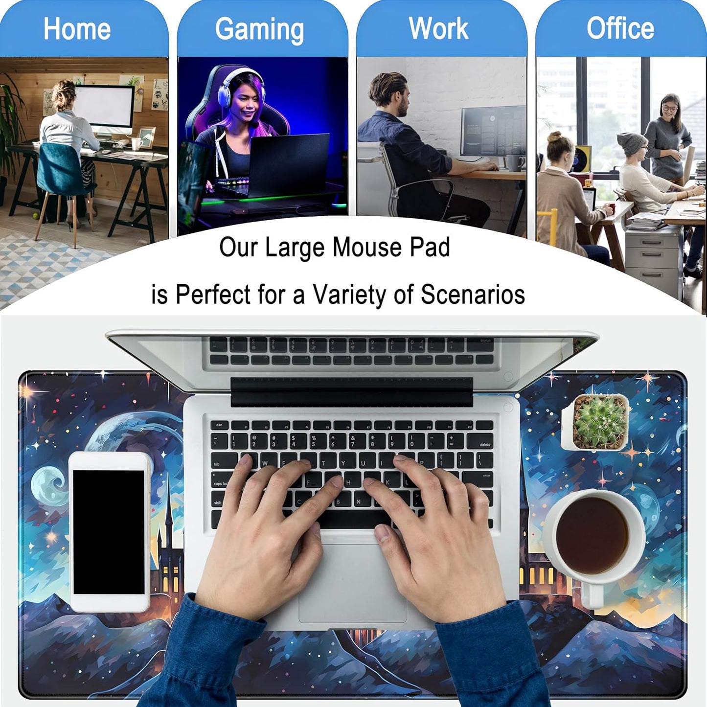 Blue Castle Desk Mat Aesthetic Cute Desk Pad, Extended Large Mouse Pad XXL Gaming Keyboard Pad, Computer Desktop Mouse Mat Full Desk Laptop Mat, Fantasy Art Office Desk Accessories 31.5" x 15.7"