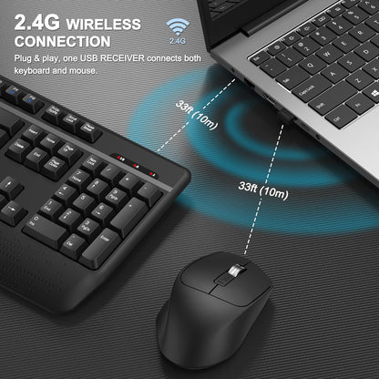 Wireless Keyboard and Mouse Combo, EDJO 2.4G Full-Sized Ergonomic Computer Keyboard with Wrist Rest and 3 Level DPI Adjustable Wireless Mouse for Windows, Mac OS Desktop/Laptop/PC (Dark Gray)