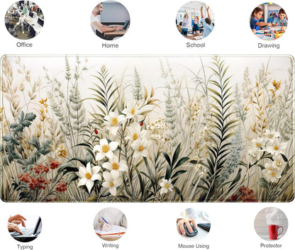 Beige Aesthetic Sage Desk Mat Cute Watercolor Flowers Mouse Pad Desk Pad, XXL Large Extended Gaming Anime Mousepad Big Keyboard Mouse Mat, Home Office Desktop Decor Deskpad for Women 31.5x15.75 in