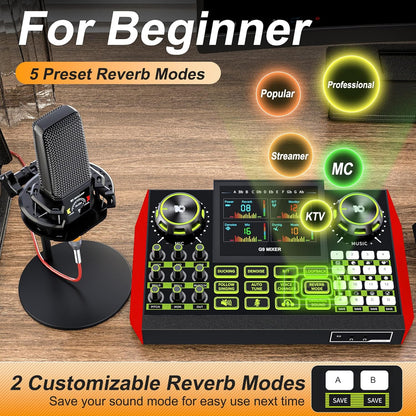 Podcast equipment bundle with live sound card audio mixer, podcast equipment with 3.5mm microphone, soundboard for phone, computer, live streaming, singing, recording, and content creation.