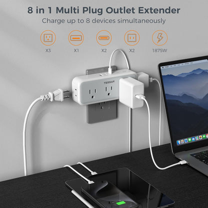 Multi Plug Outlet Extender, Wall Charger, TESSAN Multiple Plug Surge Protector, 5 Outlets and 3 USB (2 USB C), Electrical Power Expander with Surge Protector Spaced for Home Office Dorm Room