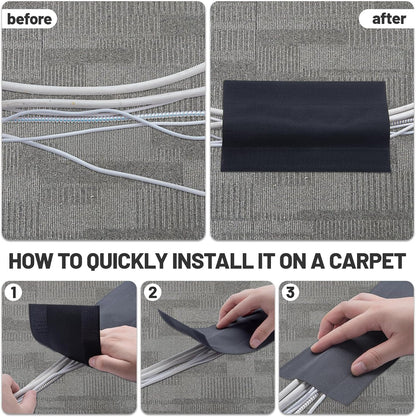 IHKFILAN Carpet Cord Cover Carpet Cable Management Under Desk Cable Grip Strip Black Hook and Loop Tape Cable Polyester Cover Protect Cables to Prevent Tripping Over Wires for Homes & Office (20ft)