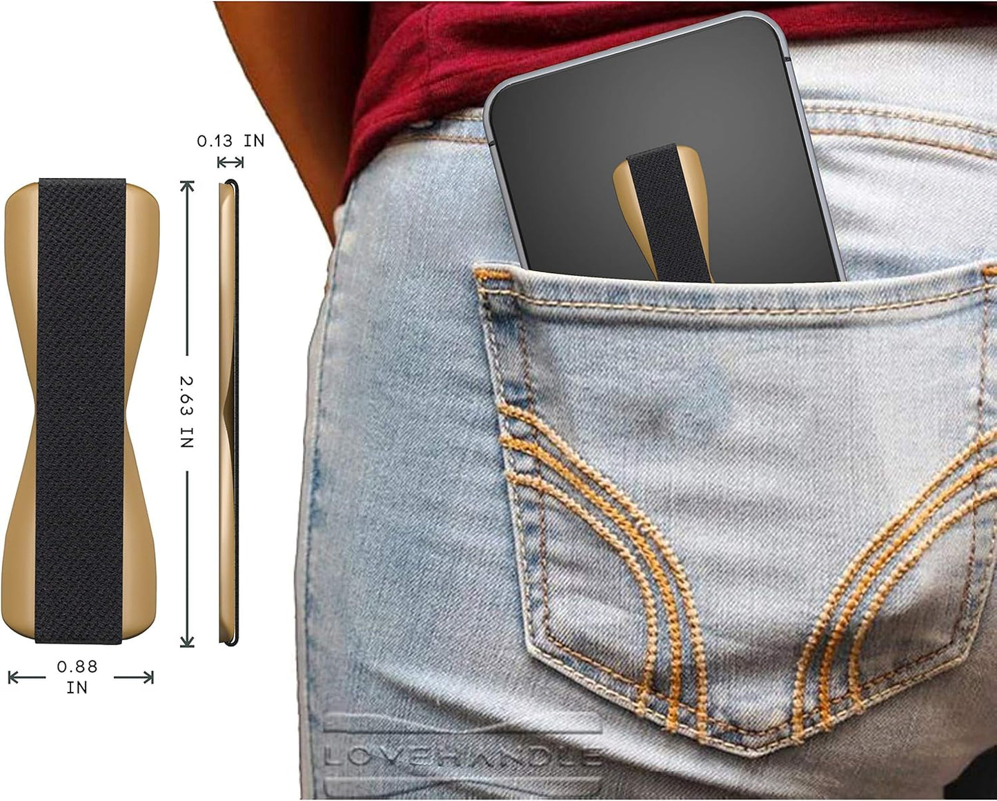 LOVEHANDLE Universal Phone Grip for Smartphones & Mini Tablets - Phone Holder for Hand - Wireless Charging Compatible - Made in The USA - Black Elastic Strap with Gold Base
