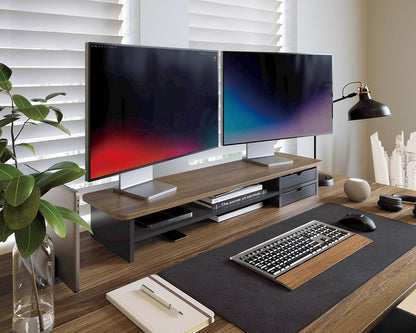 Fenge Monitor Stand, Dual Monitor Riser, 42.5inch Large Desk Computer Monitor Stand Riser with Drawer, 2 Tier Wood & Acrylic Desktop Organizer for Computer, Laptop, Printer, TV Screen Riser