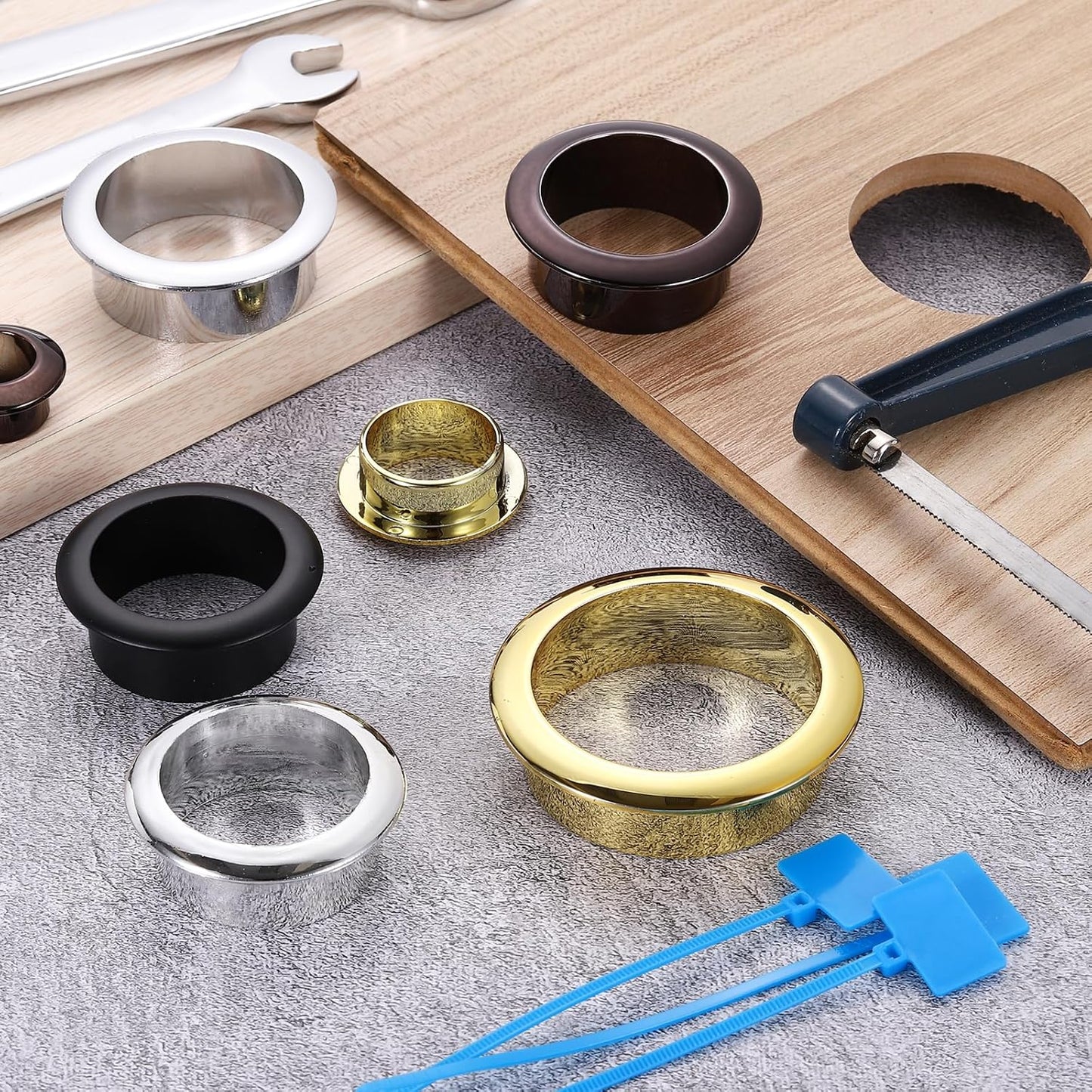 uxcell Desk Grommet, 1-3/4" (45mm) Zinc Alloy Cable Hole Cover Wire Cord Organizer with Marked Cable Ties for Home Office Desktop Wire, Silver Tone