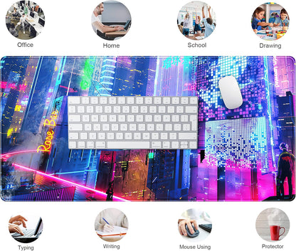 Japanese Street Desk Mat Futuristic Neon City Print Mouse Pad, Exclusive Desk Mats, XXL Large Gaming Mousepad 31.5"x15.75", Office Decor for Women Girls Keyboard Mat Laptop Computer Mat