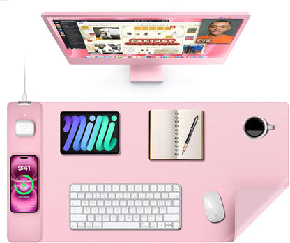 TopMade Mouse Pad with 15W Wireless Charging, XXL Large Leather Desk Mat, Waterproof Gaming Mousepad Home Office Desk Pad Protector, Computer Keyboard Pad, Mouse Mat for for MacBook, PC, Laptop, Pink