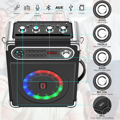 Bluetooth Speaker with Two Wireless Microphones, Outdoor Speaker with Subwoofer/Tweeter, Portable PA Speaker System with Remote Control, Discol Lights, FM, REC for Home, Party