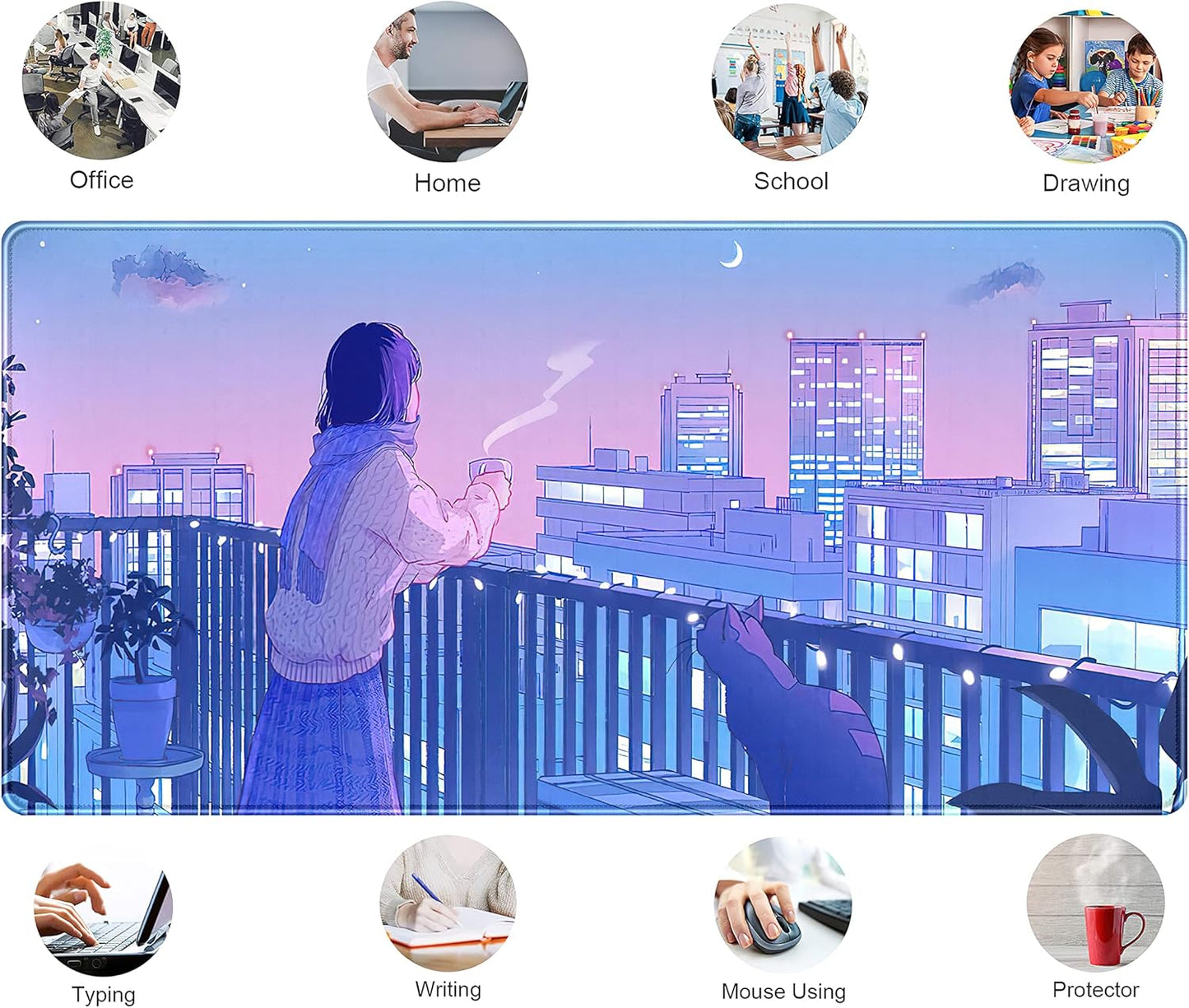 Purple Anime Kawaii Desk Mat Mousepad Cute Cat XXL Large Gaming Japanese Girly Aesthetic Mouse Pad Tokyo Street Desk Mat 31.5x15.75 in, Girl Gamer Desktop Mat Computer Laptop Keyboard Mouse Mat
