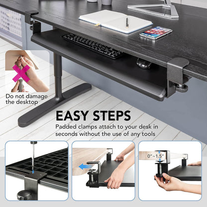 EHO Under Desk Keyboard Tray, Large 27.5" x 12.2" Slide-Out Clamp-On Drawer with Steel C-Clamps, Ergonomic Platform Fits Full-Size Keyboard and Mouse, Tool-Free Installation, TAA-Compliant