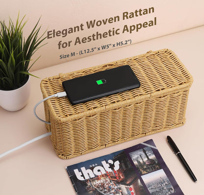 Handmade Cable Management Box, Imitation Rattan Cord Organizer Cord Hider Box, Desk Cord Management Box to Hide Cords and Power Strip L12.5 W5 H5.2 CB2412 Black
