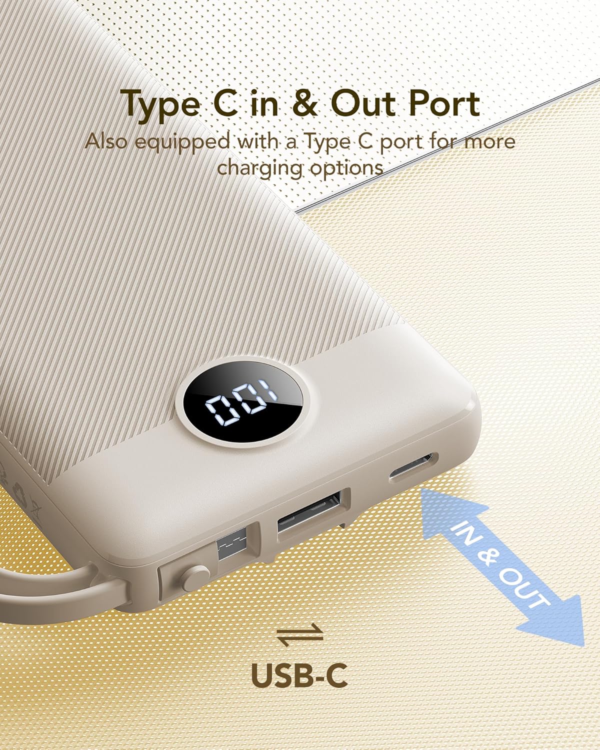 VRURC Portable Charger Power Bank,10000mAh Travel Essentials Battery Pack, 5 Outputs 2 Inputs Slim USB C Charging Bank Built-in Cables Cords Compatible with iPhone,Samsung,Android-Light Coffee(1 Pack)