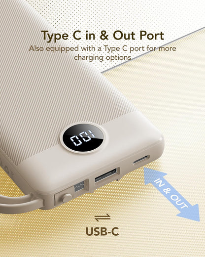 VRURC Portable Charger Power Bank,10000mAh Travel Essentials Battery Pack, 5 Outputs 2 Inputs Slim USB C Charging Bank Built-in Cables Cords Compatible with iPhone,Samsung,Android-Light Coffee(1 Pack)