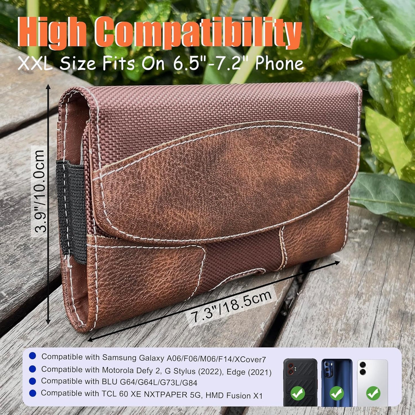 Leather Phone Holster for Men with Belt Clip, Cell Phone Holder for Galaxy A06/F06/M06/F14/XCover7/Moto Defy 2/BLU G64/TCL 60R/HMD Key,Belt Pouch Case Magnetic Closure (Brown-XXL)