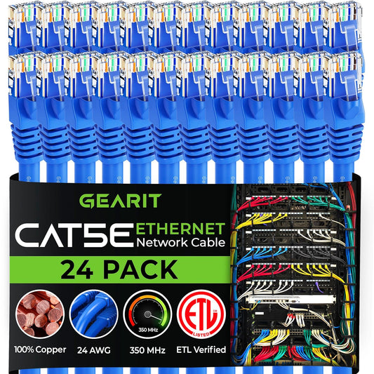 GearIT 24-Pack, Cat5e Ethernet Patch Cable 6 Feet - Snagless RJ45 Computer LAN Network Cord, Blue - Compatible with 24 48 Port Switch POE Rackmount 24port Gigabit