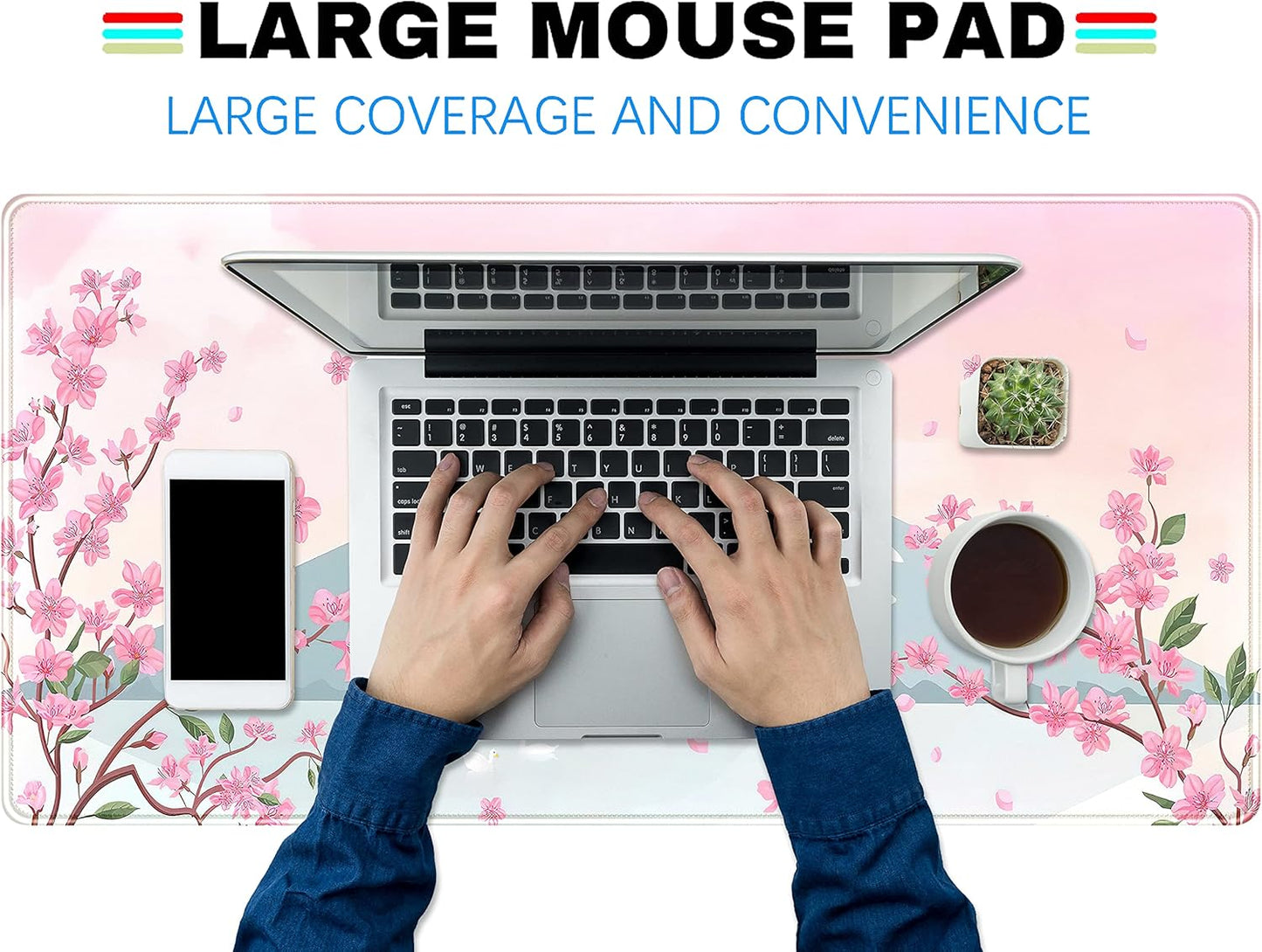 Japanese Desk Mat Pastel Pink Cherry Blossom Mouse Pad Mt Fuji Japan Large Gaming Anime Mousepad XXL 31.5x15.75 in, Kawaii Aesthetic Flower Cute Women Office Decor Computer Laptop Keyboard Mat