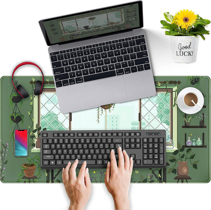 Cute Kawaii Green Plant Desk Mat Anime Aesthetic Mousepad Pixel Art XXL Large Gaming Mouse Pad Laptop Keyboard Mat Desk Pad 31.5x15.75 in, Office Home Decor for Women Girl